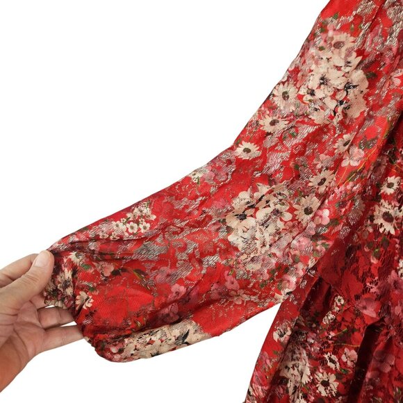 Maison Tara Womens Size 10 Red Floral Long Sheer Sleeve Tiered Ruffle Mini Dress - Picture 8 of 12